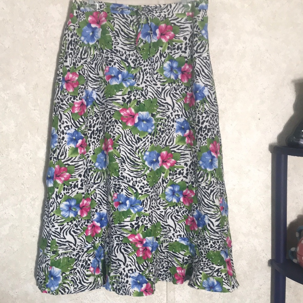 Choices Linen Zebra/ Floral Print Maxi Flare Lined Skirt